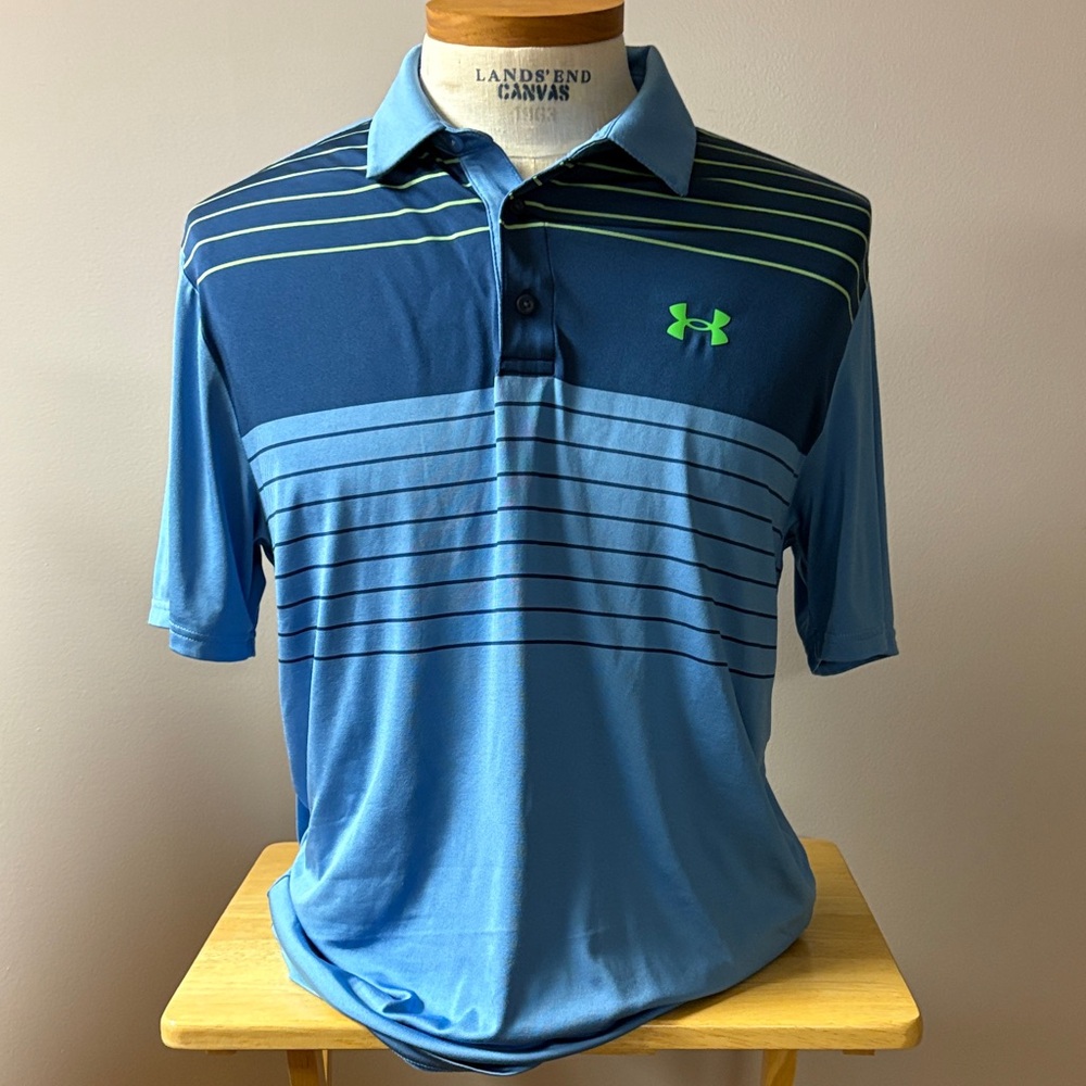 Under Armour Men's Blue and Green Striped Polo